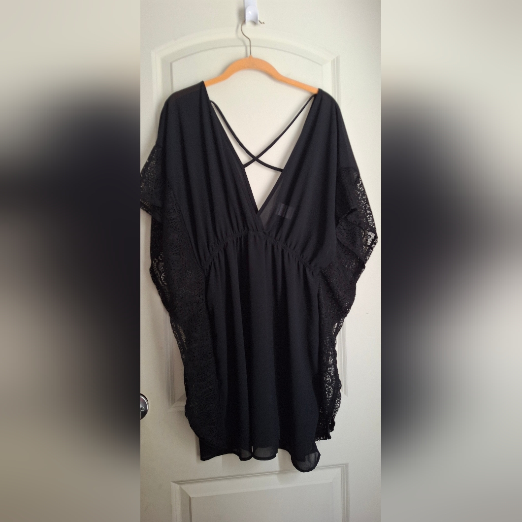 Xhilaration Cover Up Elegant Black Lace Trim Women's Top Beach Summer Sz L Boho